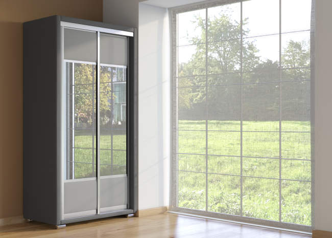 Шкаф купе 2-ух дв. Orma Soft 2 (2 зеркала), цвет:  Экокожа Темно-серый/Серый